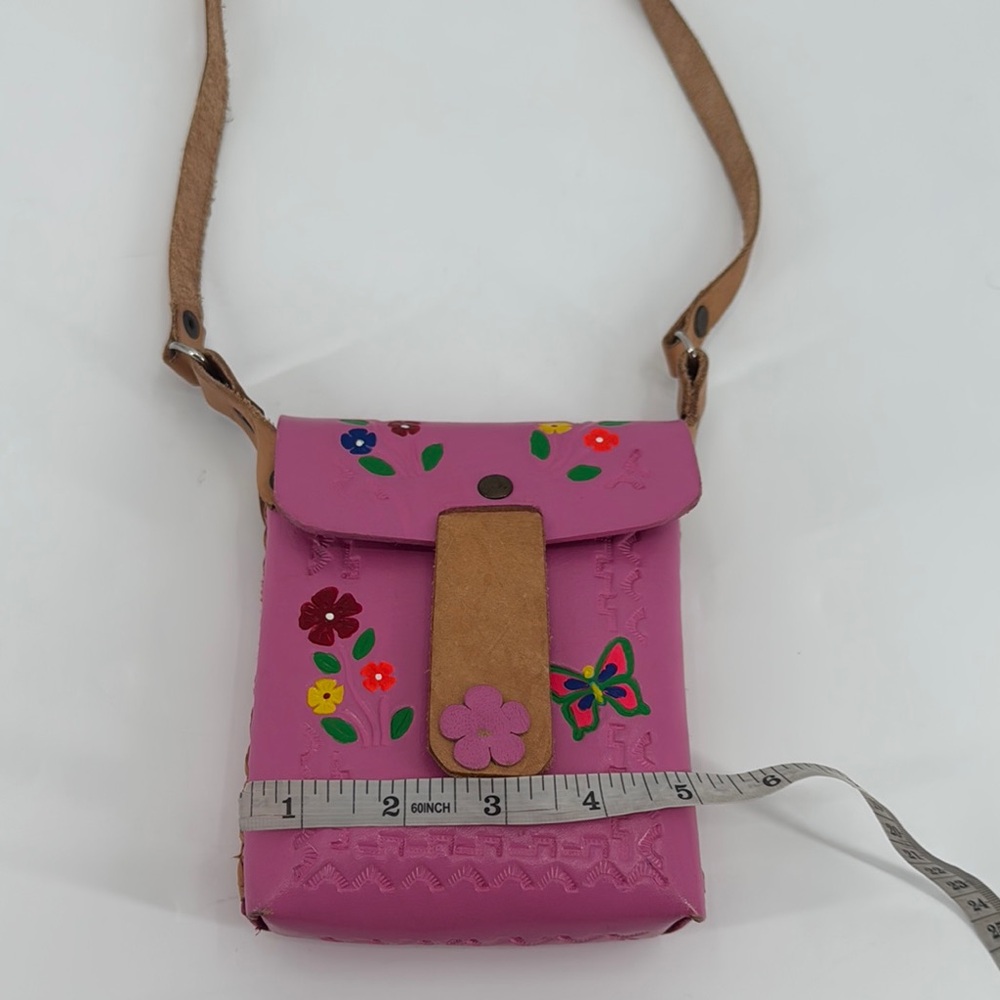 Vintage Artisan Artsy Tooled Leather Floral Butterfly Made In Mexico Crossbody - Picture 12 of 14